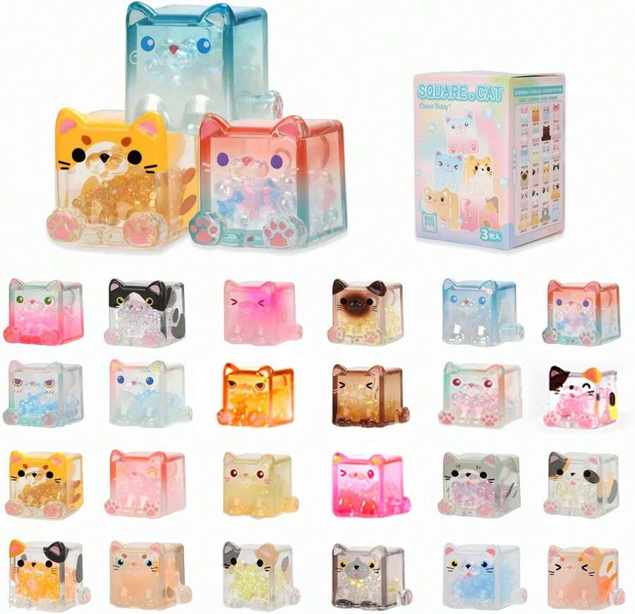 Square Cat Series Blind Pack (3PCs In One Bag) Random Design Cat Blind Box Figures Collectible Toys Cute Mystery Box Home Decorations Holiday Birthday Gifts