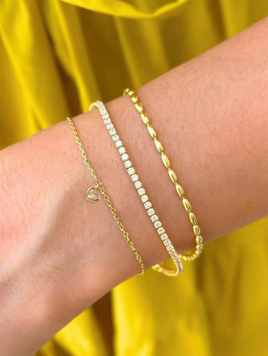 Nooxian 3pcs/Set Elegant Luxury Style Gold Rice Pearl & Rhinestone Chain Heart Pendant Layering Bracelets For Women