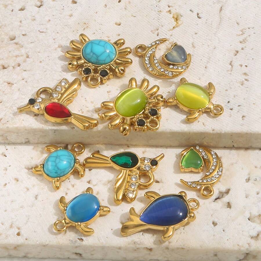 1 Pc 304 Stainless Steel 18k Gold-Plated Pendant With Natural Stone Fish, Moon, Crab, Turtle And Bird, Women's Stainless Steel Jewellery Accessories DIY Pendant