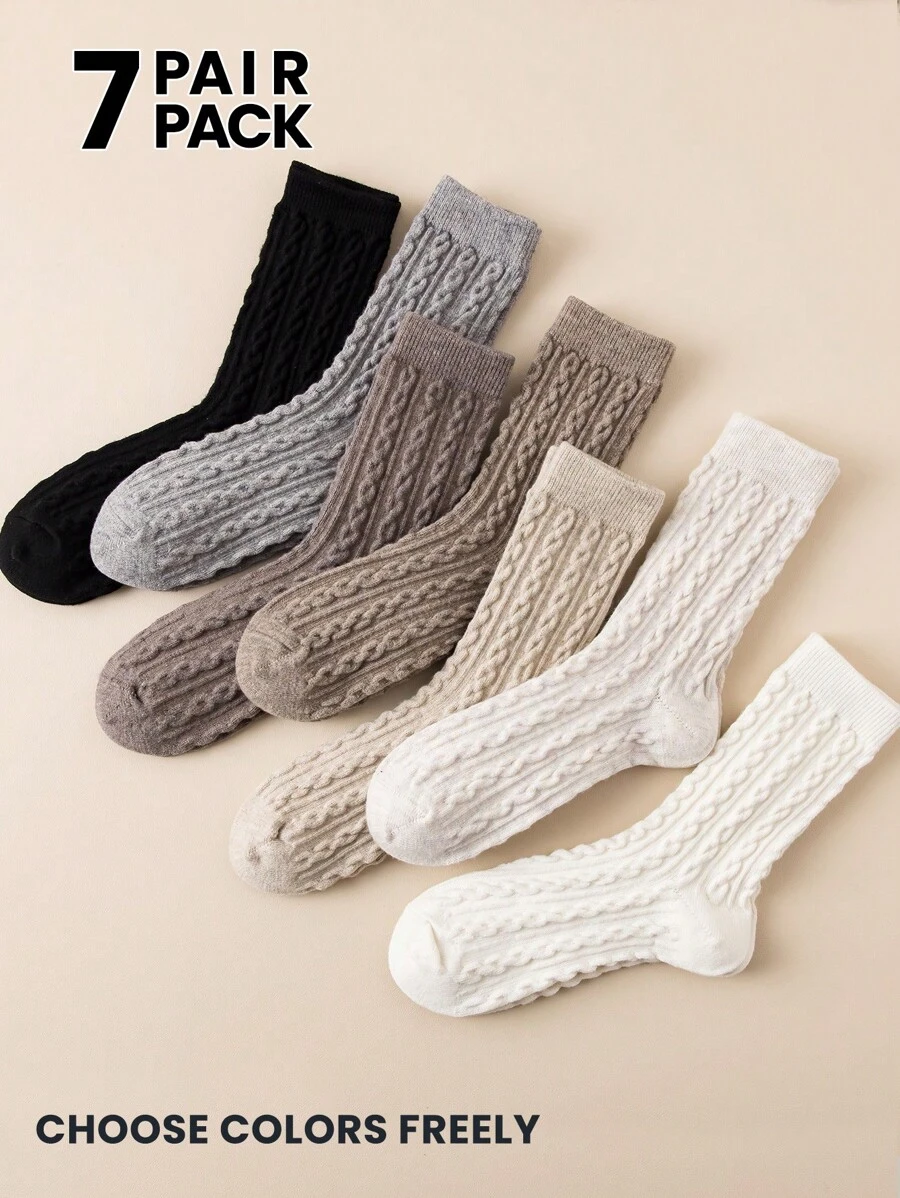 1 Pair/7 Pairs Pack Women's Crew Socks, Multicolor Cashmere Blend Cable Knit Design, Soft & Comfortable, Odor-Resistant, Sweat-Absorbent, Retro Style, Regular/Ankle Length, All Season