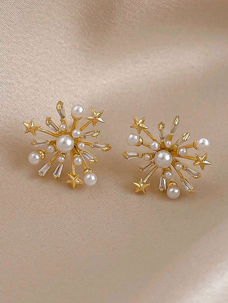 1 Pair Stylish Luxury Crystal & Faux Pearl Flower & Star Firework Stud Earrings, Suitable For Women Everyday Wear Jewelry