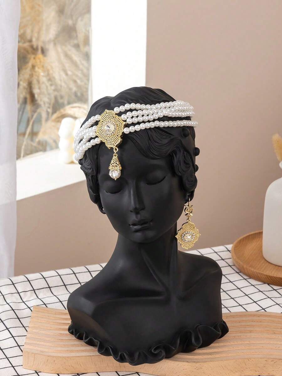 Luxuriöses Braut-Kopfschmuck-Ohrring-Set im orientalischen Stil, handgefertigter Perlen-Rhombus-Anhänger, funkelndes Hochzeitskleid-Schmuckset