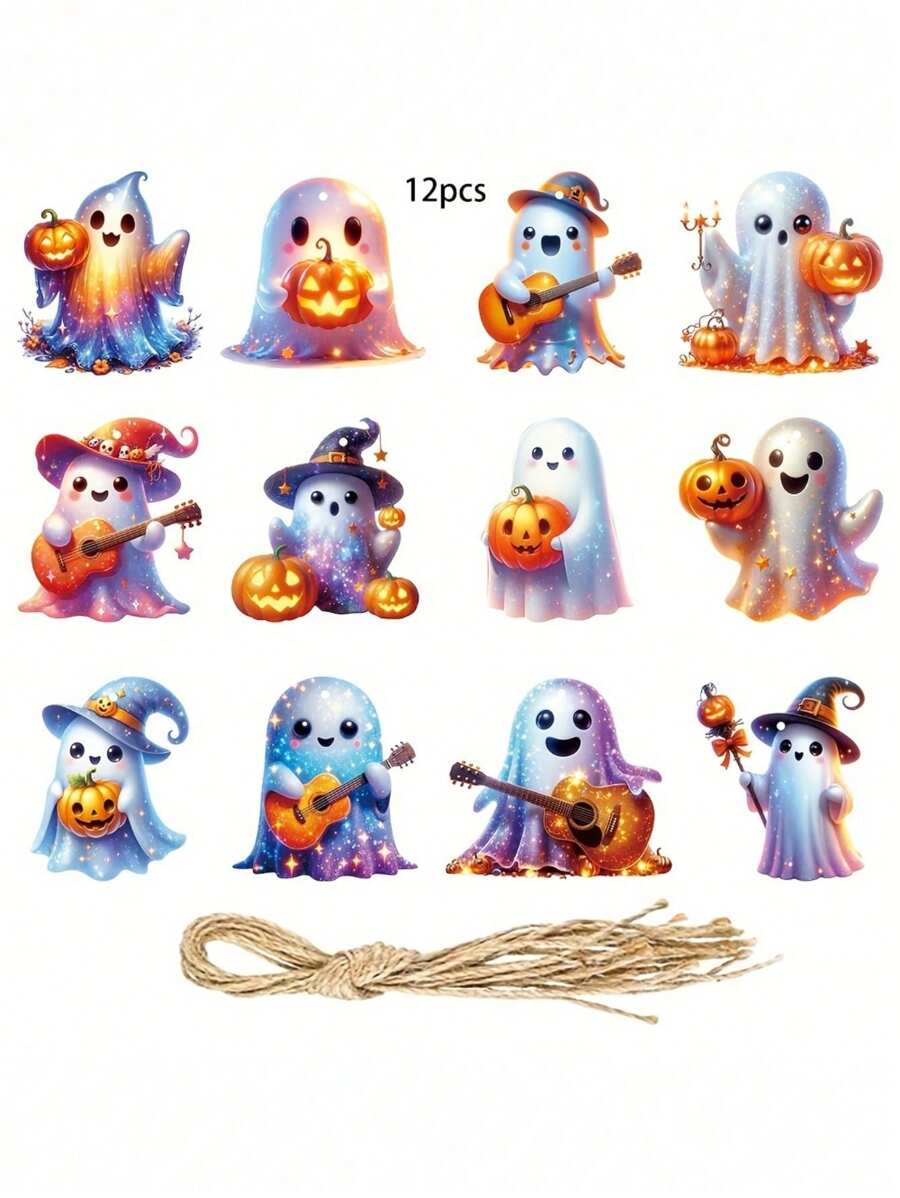 Set de 12 decoraciones de Halloween - Fantasmas de papel impactantes con murciélagos, calabazas e instrumentos musicales - Decoración de fiesta para interiores y exteriores, apta para Halloween, Día de los Muertos, Graduación, Día del Padre, Día de la Independencia - Sin necesidad de electricidad