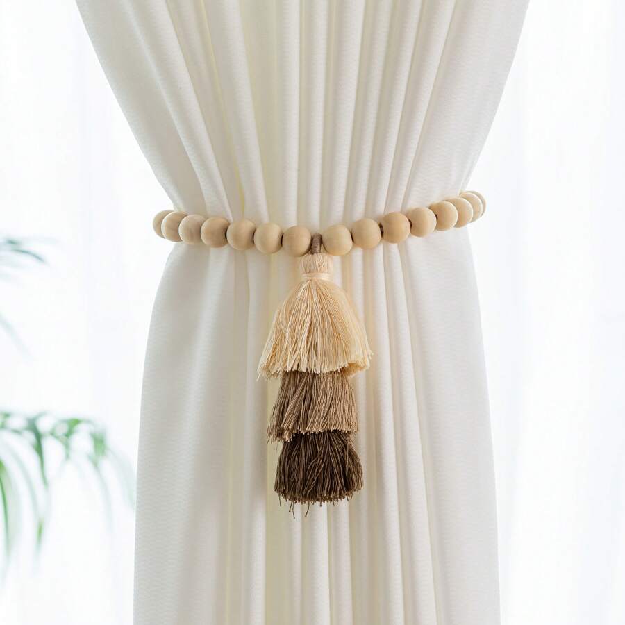 1/2 piezas Sujetacortinas con borlas de 3 colores, decoración con borlas de estilo bohemio con diseño de cuentas de madera, adecuado para decoración del hogar, a juego con cortinas, arreglo del hogar