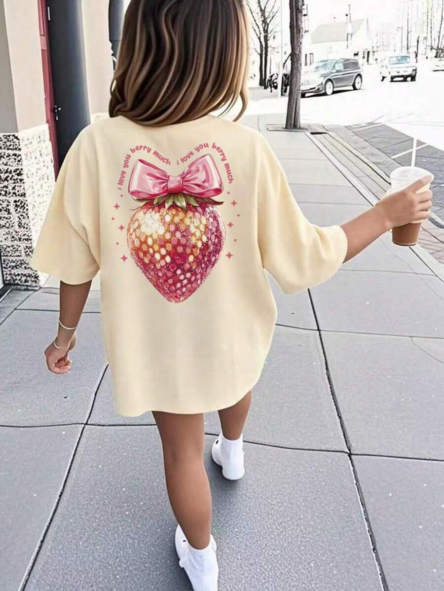 1 pieza Camiseta de manga corta y cuello redondo informal con estampado para niñas adolescentes, estampados de personajes de moda coloridos que inspiran la imaginación y la autoexpresión, ropa de estudiante de verano