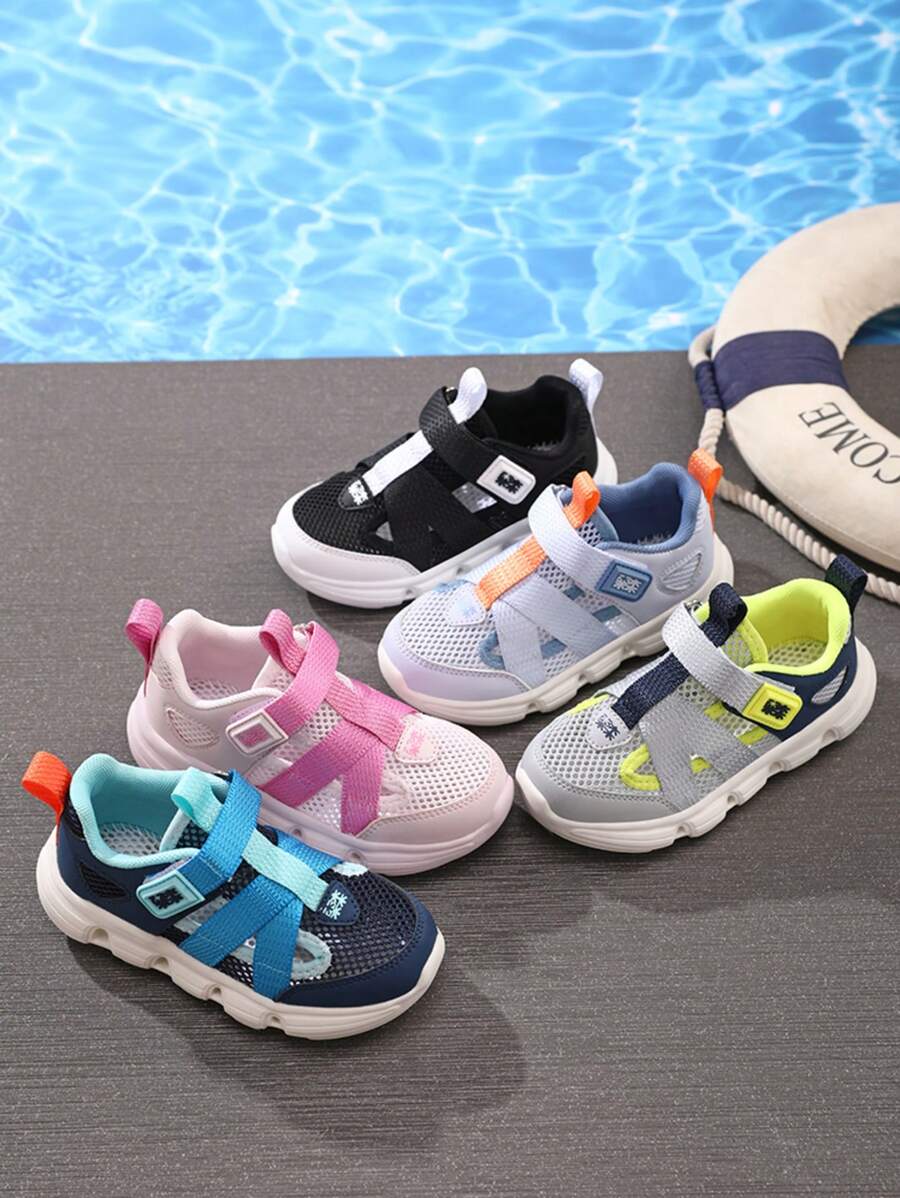 1 Pair Teenagers' Mesh Breathable Sports Shoes, Hollow Design, Elastic Upper, Hook & Loop Closure For Easy On/Off, Contrast Color Combination, Fashion & Versatile, Non-Slip & Durable Sole, Suitable For Daily Running, Sports, Travel & Multiple Scenarios