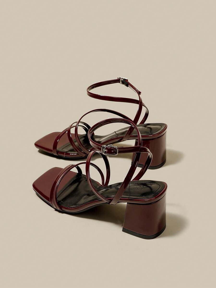 Sandalias de plataforma y tacón ancho con punta abierta y cordones, color borgoña, para mujer, zapatos de verano