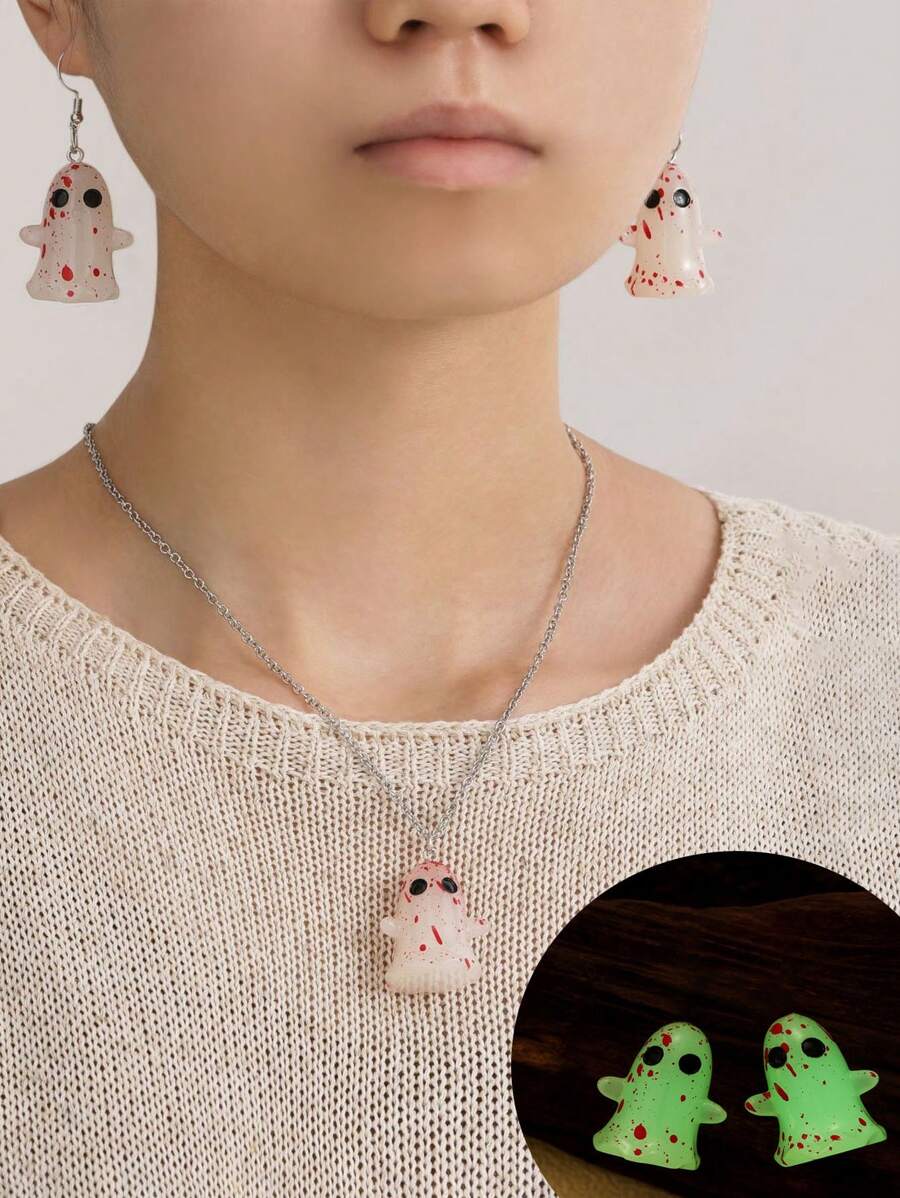 3 Stücke Halloween Mode Ohrringe 3D Stereoskopische Nachtlicht personalisierte Geisteranhänger Halskette Halloween Zubehör Frauen Geschenk