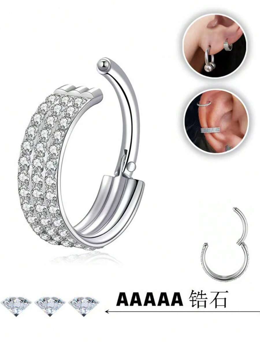 1pc G23 Titanium Triple Zirconia Stone Nose Ring Hoop, Unisex Piercing Jewelry