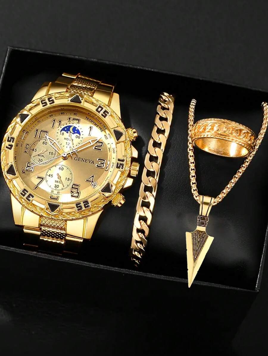 4pcs Men's Business Watch Set, Stainless Steel Quartz Watch With Round Dial, Markers Display, Comes With Fashionable Pendant Necklace, Bracelet And Ring, An Ideal Gift For Men