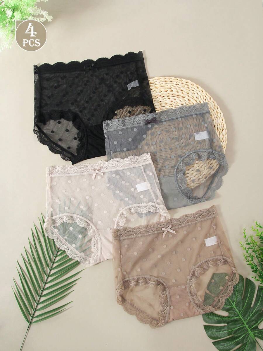 4 pièces de culottes triangle en dentelle semi-transparente à haute extensibilité avec découpes en dentelle sexy pour femme. Ensemble combiné de bas de sous-vêtements pour femme à pois sexy et sans couture pour l'été
