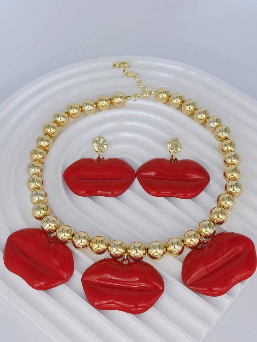 1pc Fashionable Drip Lip Earrings Necklace Jewelry Set, Suitable For Women Party And Daily Wear