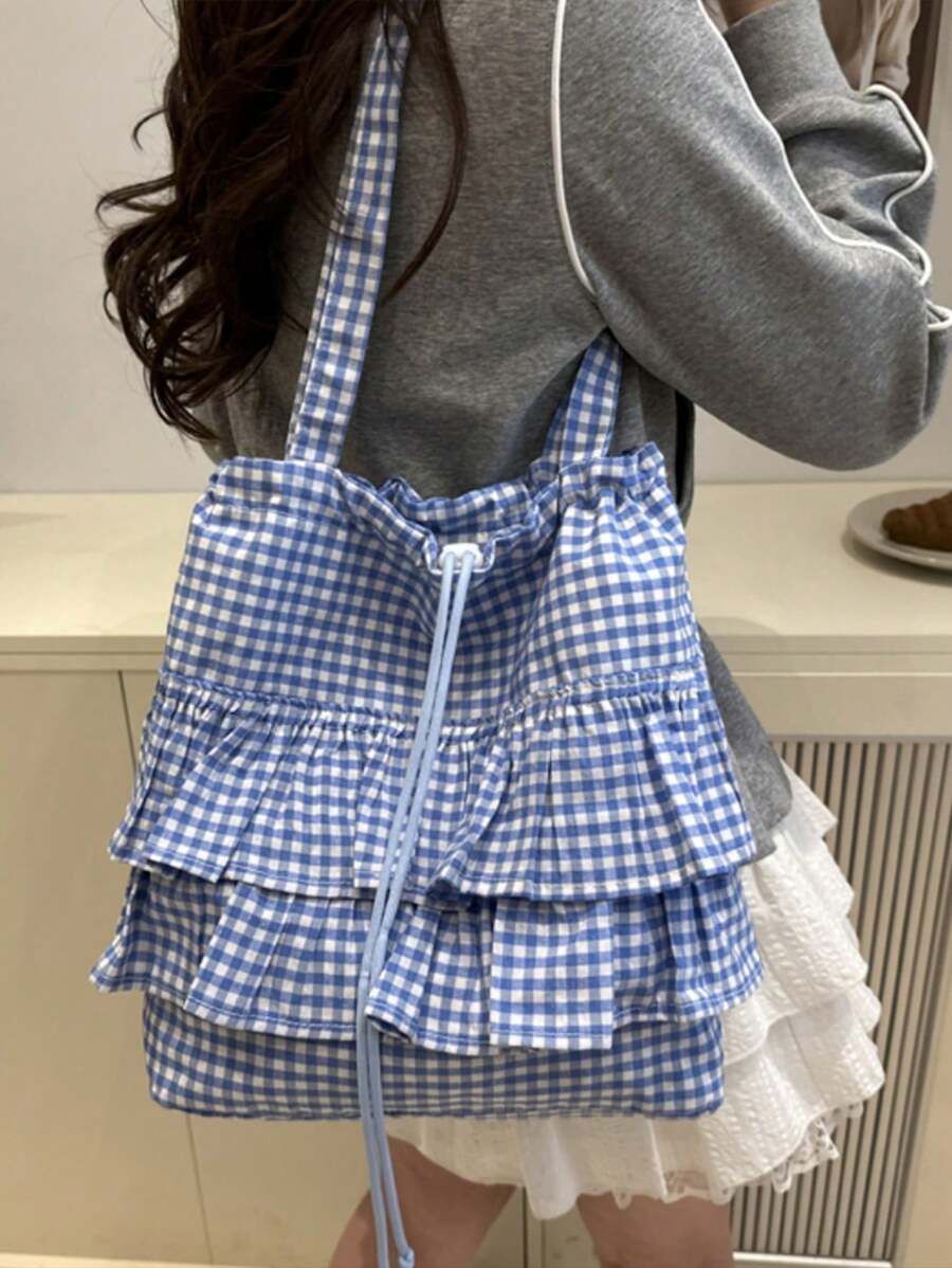 Ruffled Hem Plaid Tote Bag, Women's One Shoulder Underarm Handbag, New Design