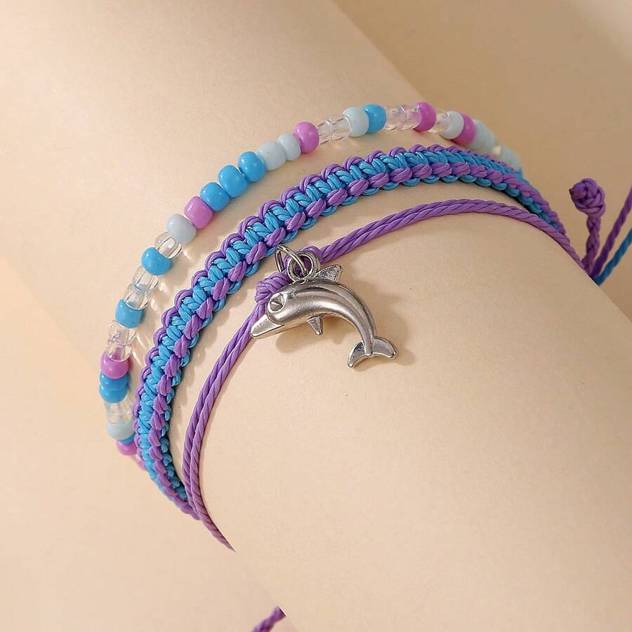 3 Peças/Conjunto Pulseira Trançada Feita à Mão com Desenho de Golfinho, Adequado para Uso Diário