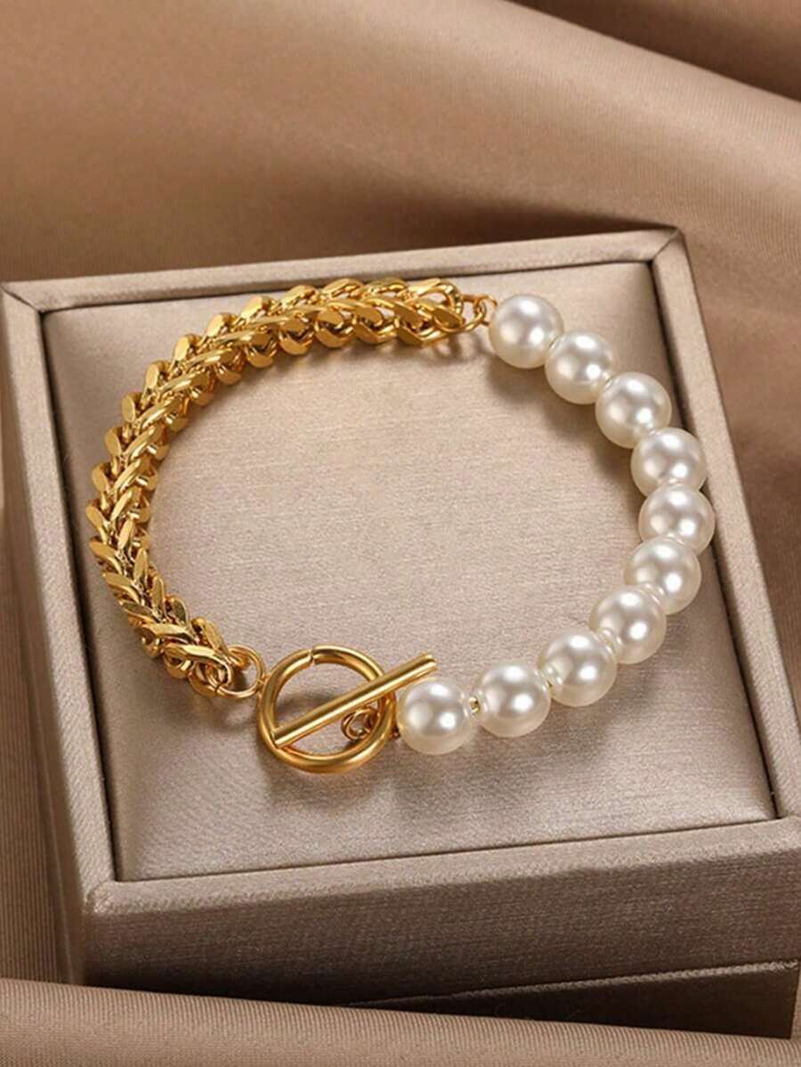 1 Stück Mode personalisiertes Armband aus gemischtem Edelstahl und Perlen für Frauen zum täglichen Tragen