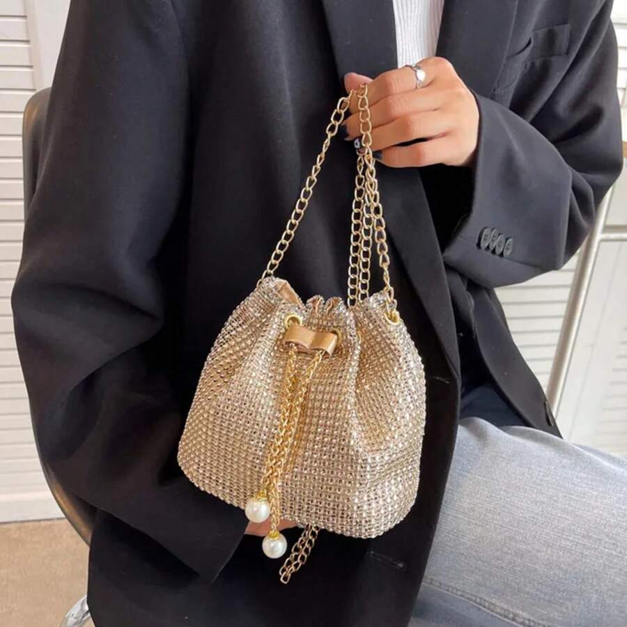 Crossbody Bag With Chain For Women, Shiny Rhinestone Satchel Bag, Solid Color, Drawstring, Shiny, For Dinner And Party