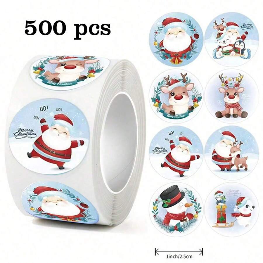 500 pezzi/rotolo di adesivi natalizi con disegni, 1 pollice di adesivi a forma di Babbo Natale, renne, albero di Natale, fiocchi di neve per regali, cartoline, matrimoni, feste natalizie, buste, fai-da-te di cartoline, timbri lucidi, forniture scolastiche, ritorno a scuola