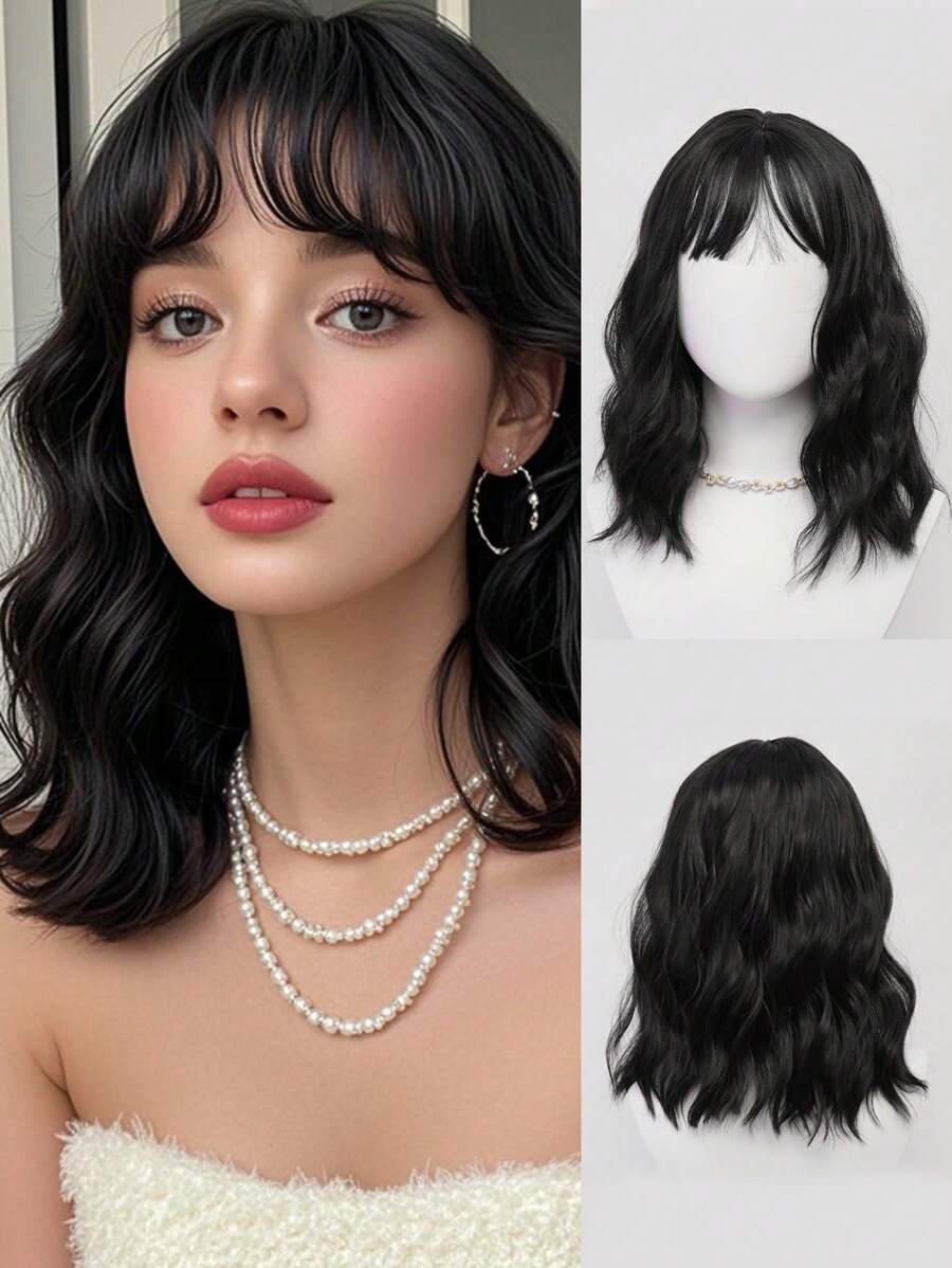 XYUNMI Retro Natural Black Short Curly Bob Wig 16 Inch With Bangs Water Wave Wig Easy To Care Breathable Fluffy Natural Women's Heat Resistant Synthetic Fiber Wig Suitable For Daily Wear Holiday Party Wig Cosplay Halloween Fashion Wig