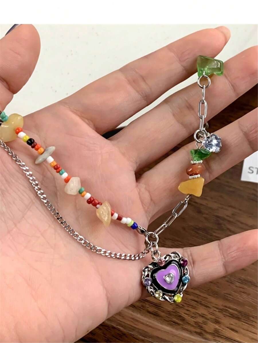 Color Bead Heart Necklace, Vintage Multicolored Stone Enameled Heart Pendant Necklace, Choker Necklace For Girls (Random Color/Placement)