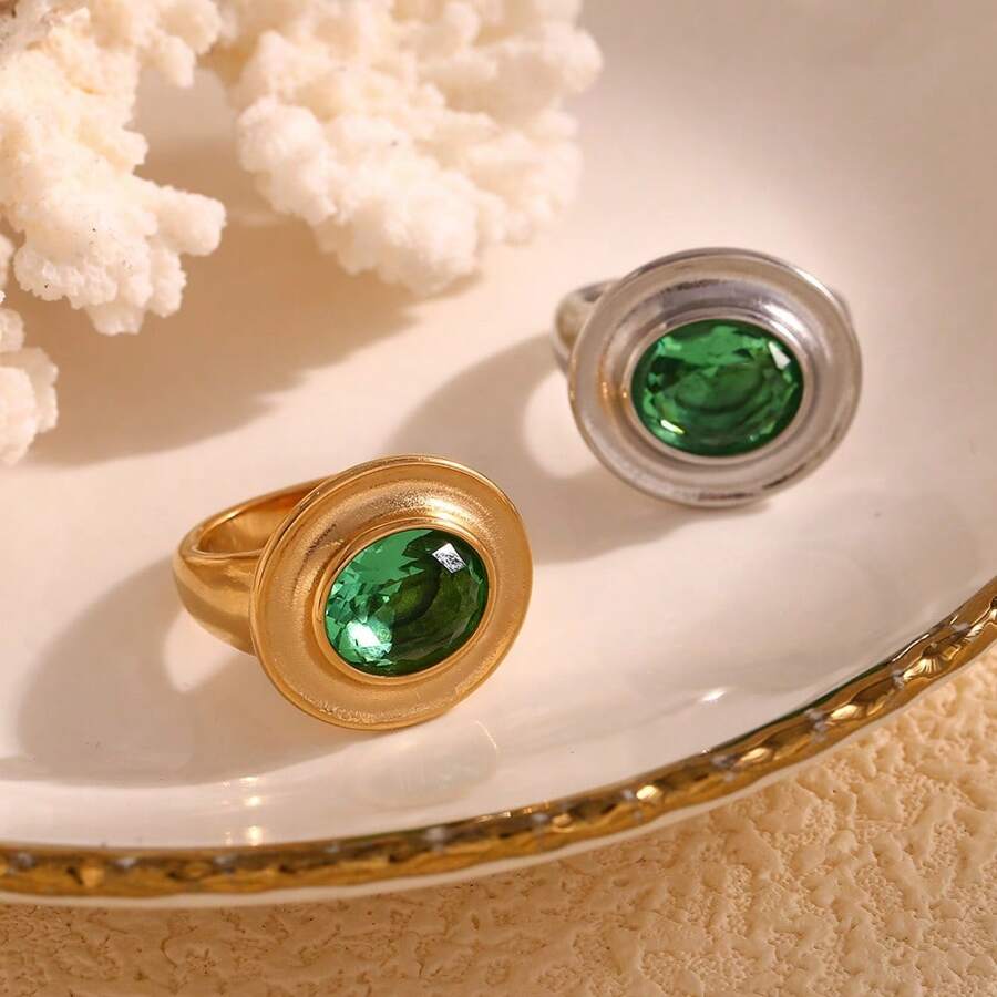 MamacitaSlay 1pc Vintage Style Stainless Steel 18K Gold Plated Elliptical Green Zirconia Stone Personalized Ring