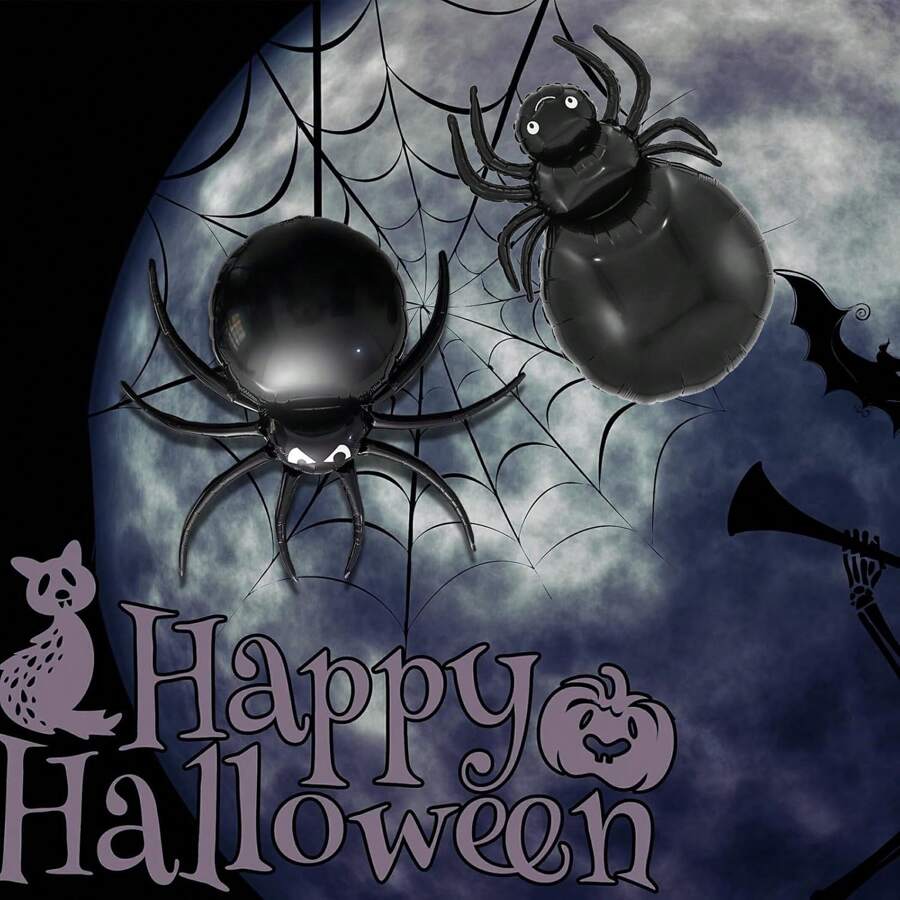 4pcs Halloween Spider & Accessories Balloon Set, Black Cartoon Spider Design, Suitable For Halloween, Day Of The Dead, Haunted House Parties, Commercial & Residential Decor, Fun Birthday Party Decorations