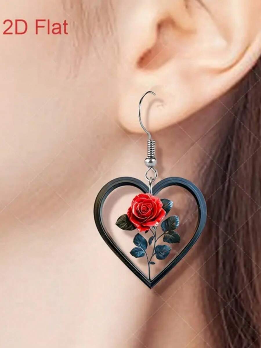 1 Pair 2D Acrylic Heart & Rose Flower Earrings, Minimalist & Romantic Women Earring Gifts, Suitable For Everyday Wear, Parties, Holidays