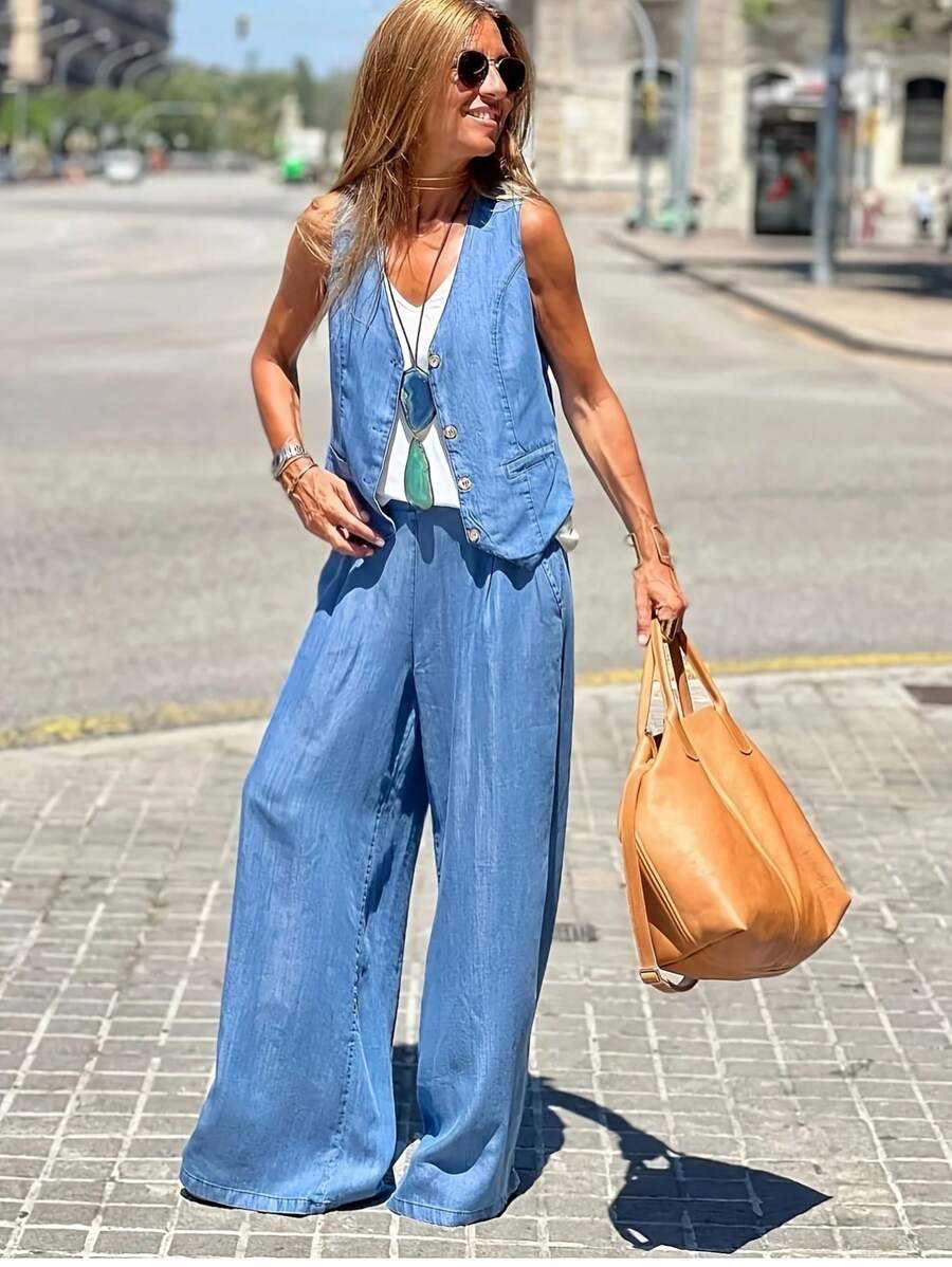 Conjunto de duas peças casual e minimalista de férias, composto por um colete sem mangas com decote em V, bolso falso, bainha assimétrica e uma calça de perna larga