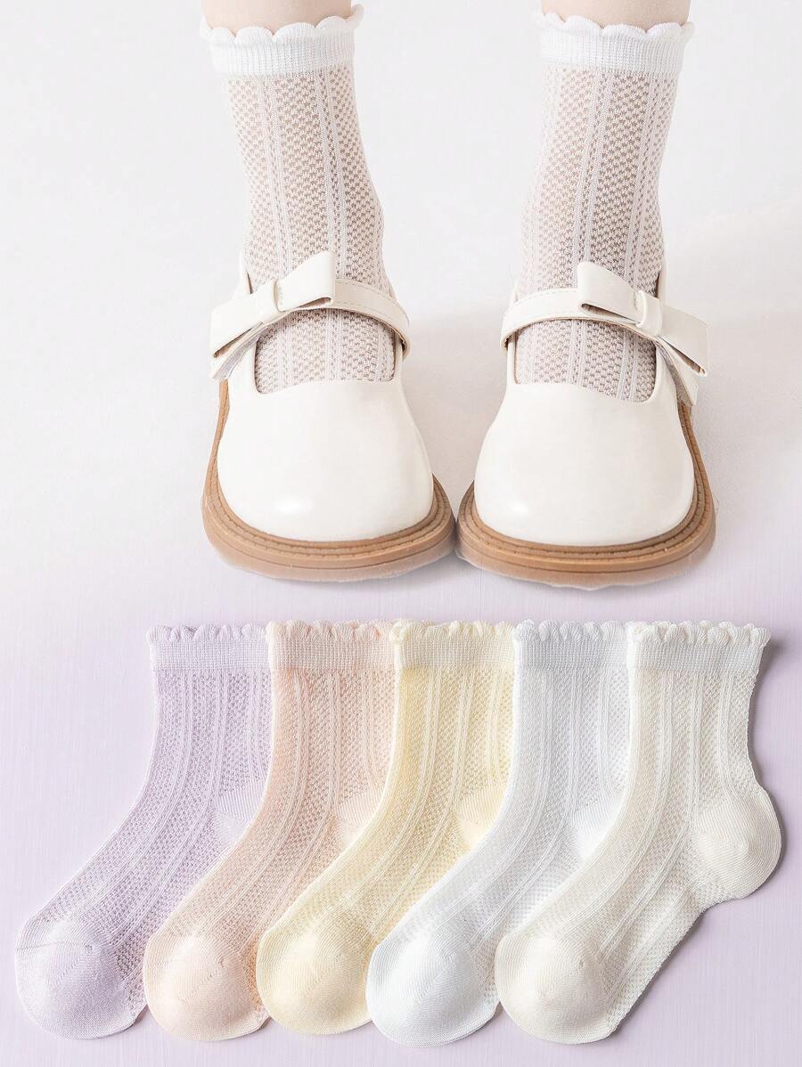5 pares de calcetines para niños, con parches de malla transpirable, elásticos y cómodos, con lindos patrones florales y de rayas, de material suave y amigable con la piel, calcetines medianos para niñas, para primavera/verano