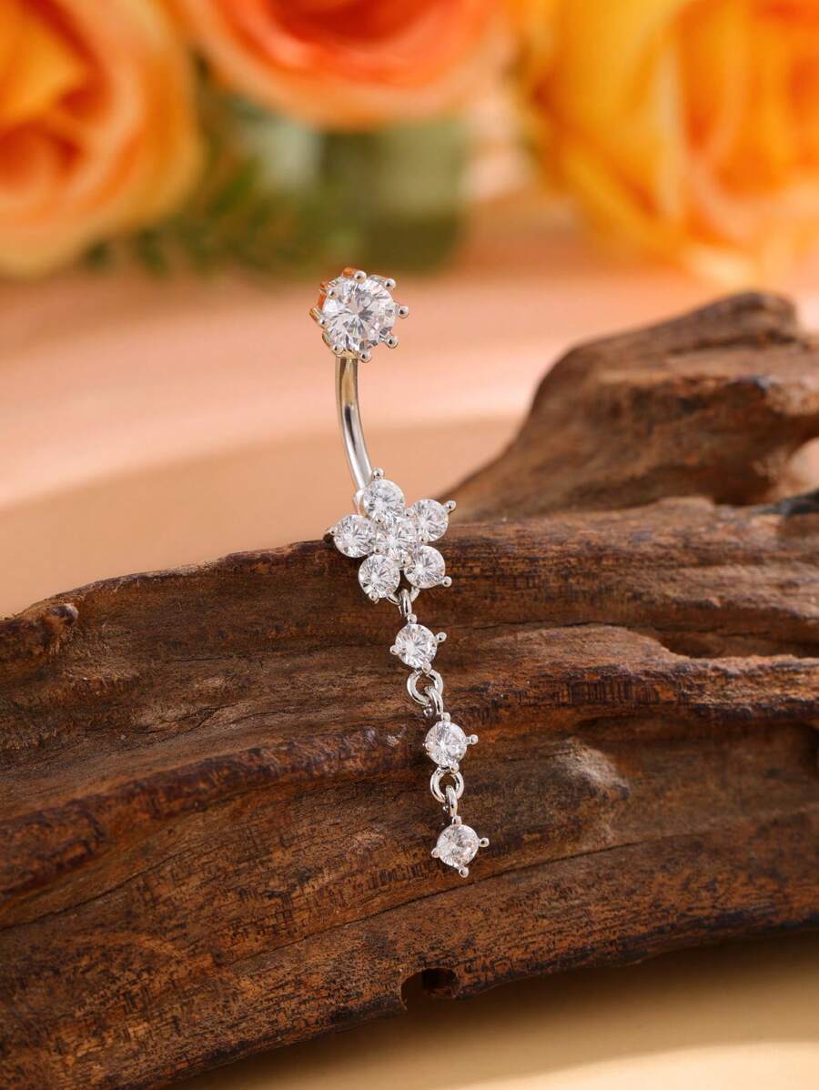 1 buc inel pentru buric cu design de fulg de zăpadă în 4 segmente, bijuterii pentru piercing la buric din oțel inoxidabil, accesoriu sexy pentru piercing lung pentru purtare zilnică