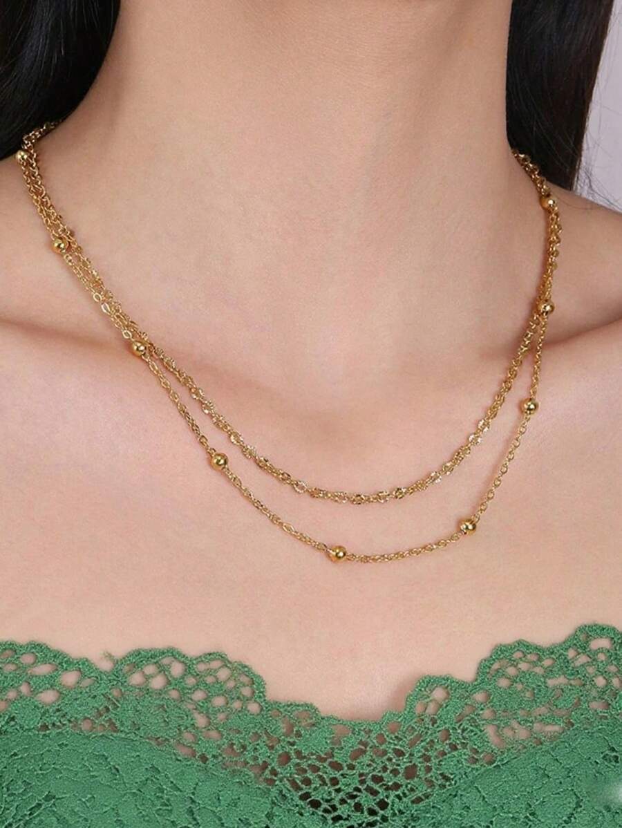 1 Set Collar minimalista de doble capa con cuentas doradas, tamaño ajustable, adecuado para el uso diario de las mujeres