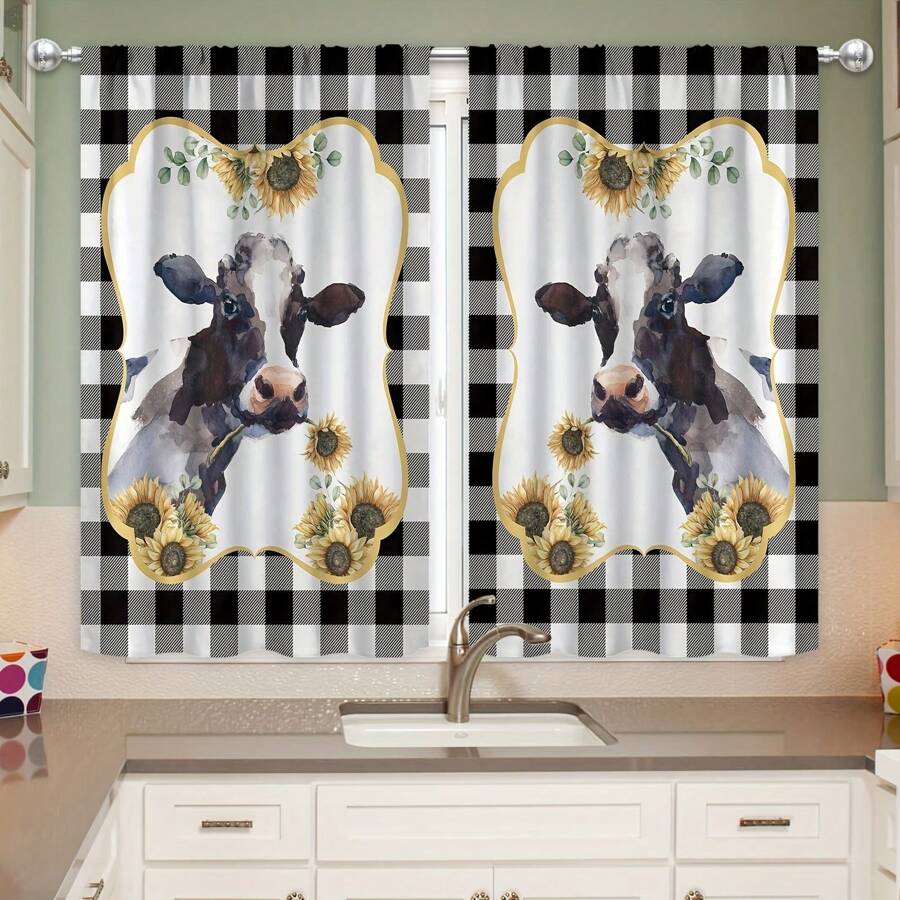 2 Panel Cow Farmhouse Kitchen Curtain Rod Pocket Short Sunflower Farm Animal Cow Plaid Pattern Living Room Bedroom Window Curtain