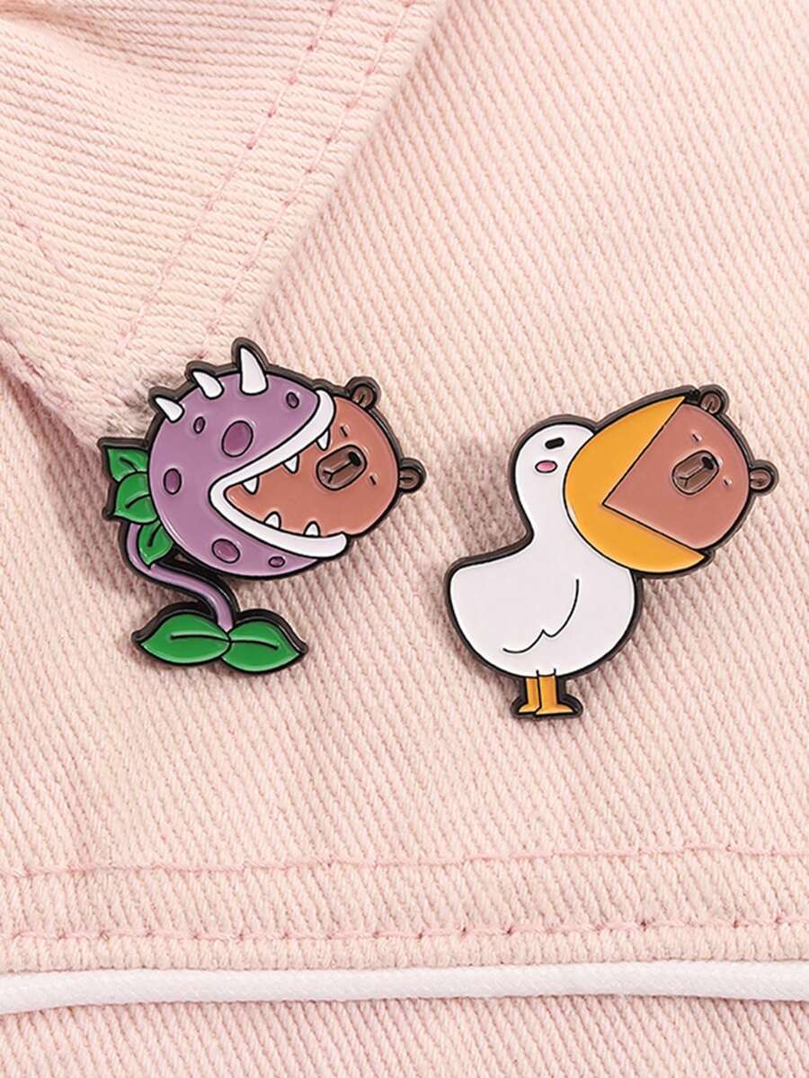 2 Stücke Enten beißen Capybara Panda Emaille Anstecknadeln, kundenspezifische Piranha Großmaul Blumen Broschen, Kragen Abzeichen, Kleidung Tier Schmuck Geschenk für Freunde