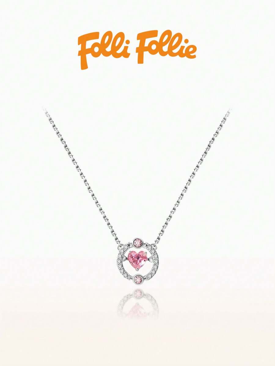 Folli Follie Collar con colgante en forma de corazón y diamante de moissanita en cadena, bonito colgante de corazón de cristal rosa, cadena ajustable con dije, joyería, regalos para mujer.