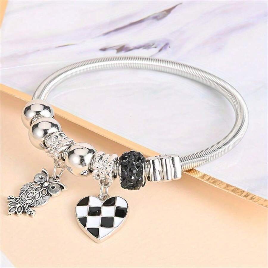1 Piece Simple Black And White Chess Board Love & Owl Pendant Alloy Bracelet Women's Fashion Bracelet Bangle Female Daily All-Match Bracelet Accessories Birthday Gift Christmas Gift
