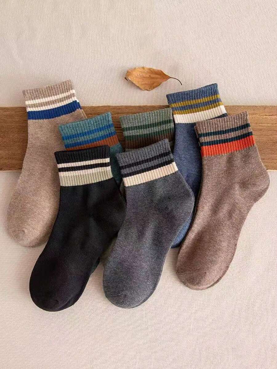7 Pairs Women Vintage Striped Socks, Contrast Color Elastic Cuff, Breathable & Absorbent, Suitable For Casual And Office Wear