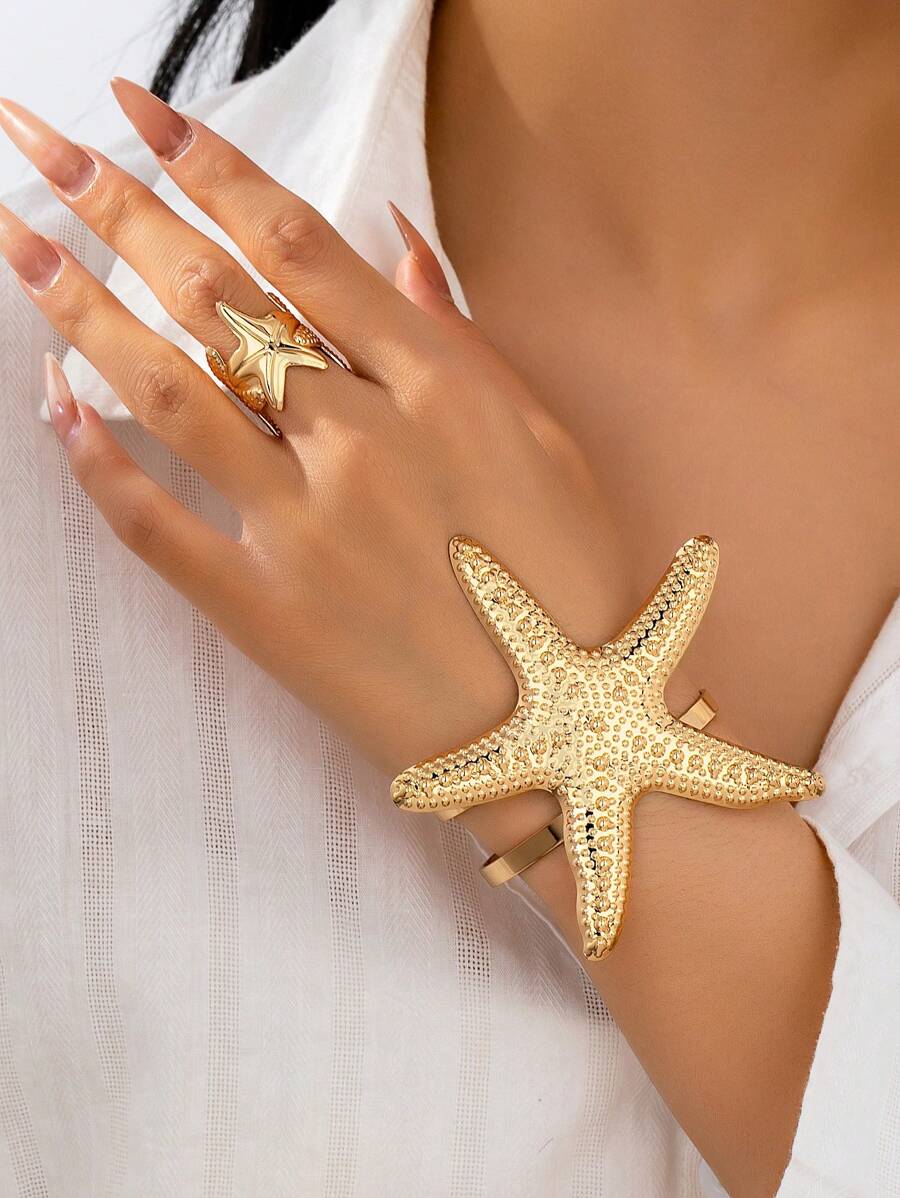 1 set de bracelet ouvert géométrique en forme d'étoile de mer et 1 bague ouverte en forme d'étoile de mer, convenant pour un port quotidien et pour les vacances pour femmes