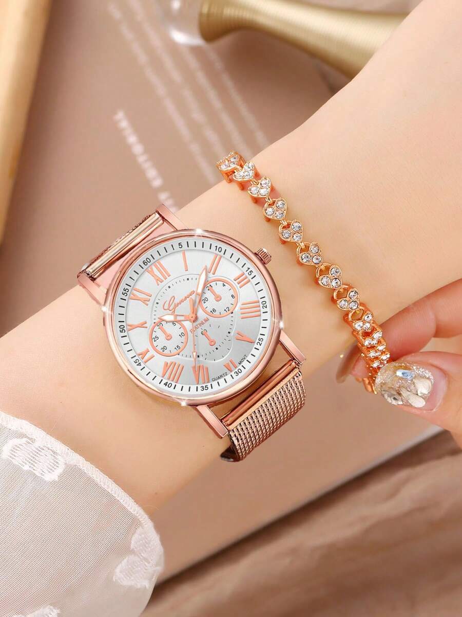 2 stuks roestvrij staal dames roségouden Romeinse cijfers, kristal accent hart decor armband, cadeau voor haar