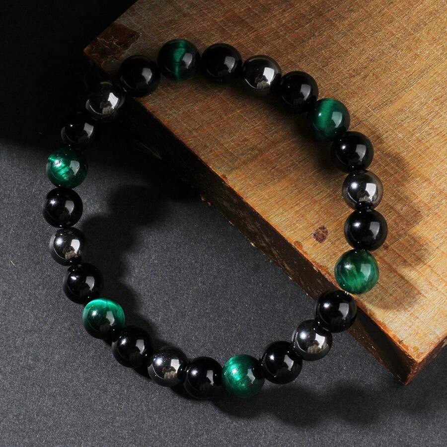 Bracelet de protection Femmes Hommes Couple Empath Onyx noir Œil de tigre vert Bracelet de chance Billes sur ficelle Bracelets Unisexe Cadeaux pour Mari Petit Ami Père Grand-père Oncle