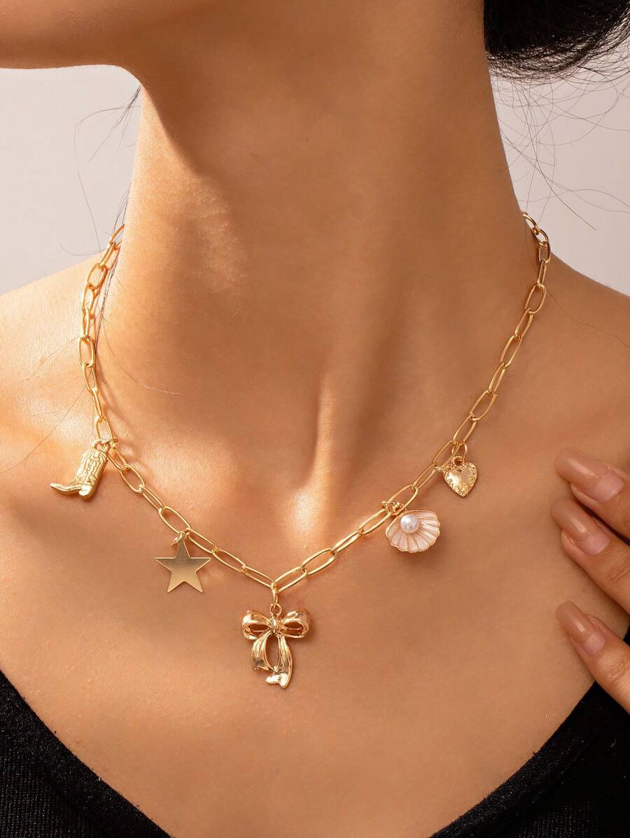 DareSee 1pc Fashion Bow Seashell Charm Pendant Gold Color Alloy Multi-Pendant Necklace, Suitable For Daily Wear And Travel