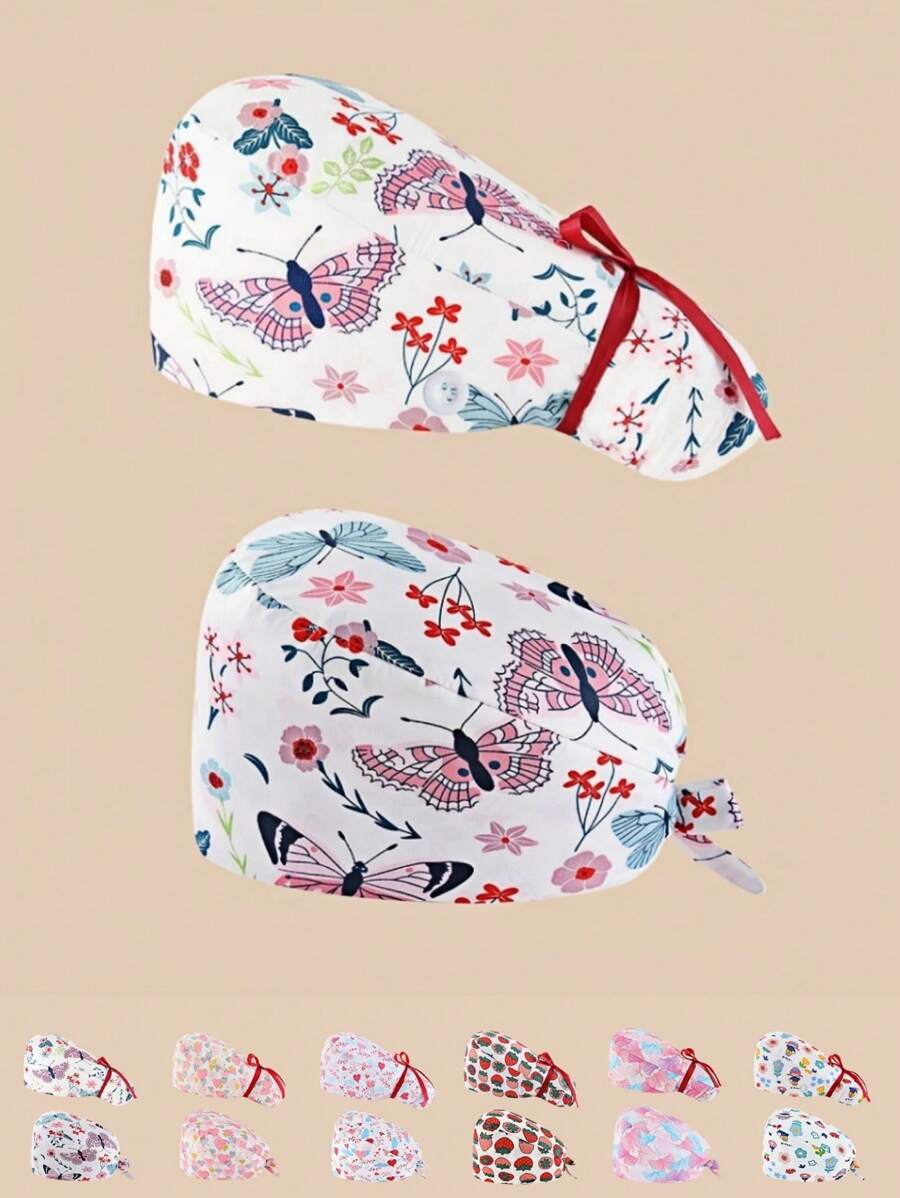 2 piezas Gorro protector con estampado floral y cuello en V, de mezcla de algodón. Adecuado para enfermeras, personal hospitalario y trabajadores de limpieza. Presenta diseño antibacteriano y a prueba de polvo, con cobertura para la parte trasera de la cabeza