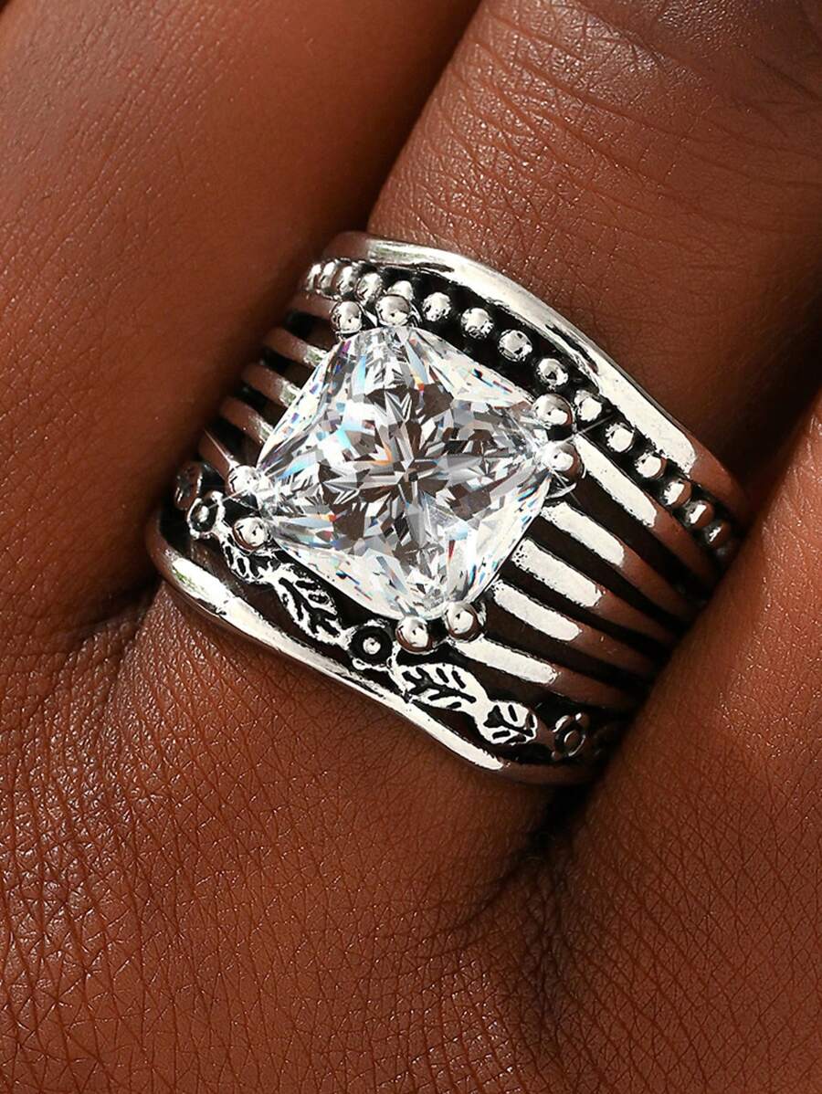 1 anel feminino vintage boho prata e zircônia cúbica branca, para casamento e noivado, uso diário