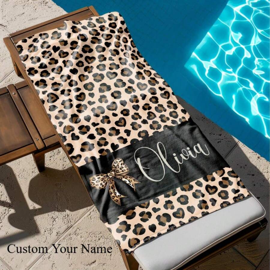 1pc 29″X58″ 31″X71″ Personalized Leopard Beach Towel, Custom Bachelorette Beach Towel, Bridesmaid Gift, Women's Leopard Print Towel, Custom Leopard Beach Towel