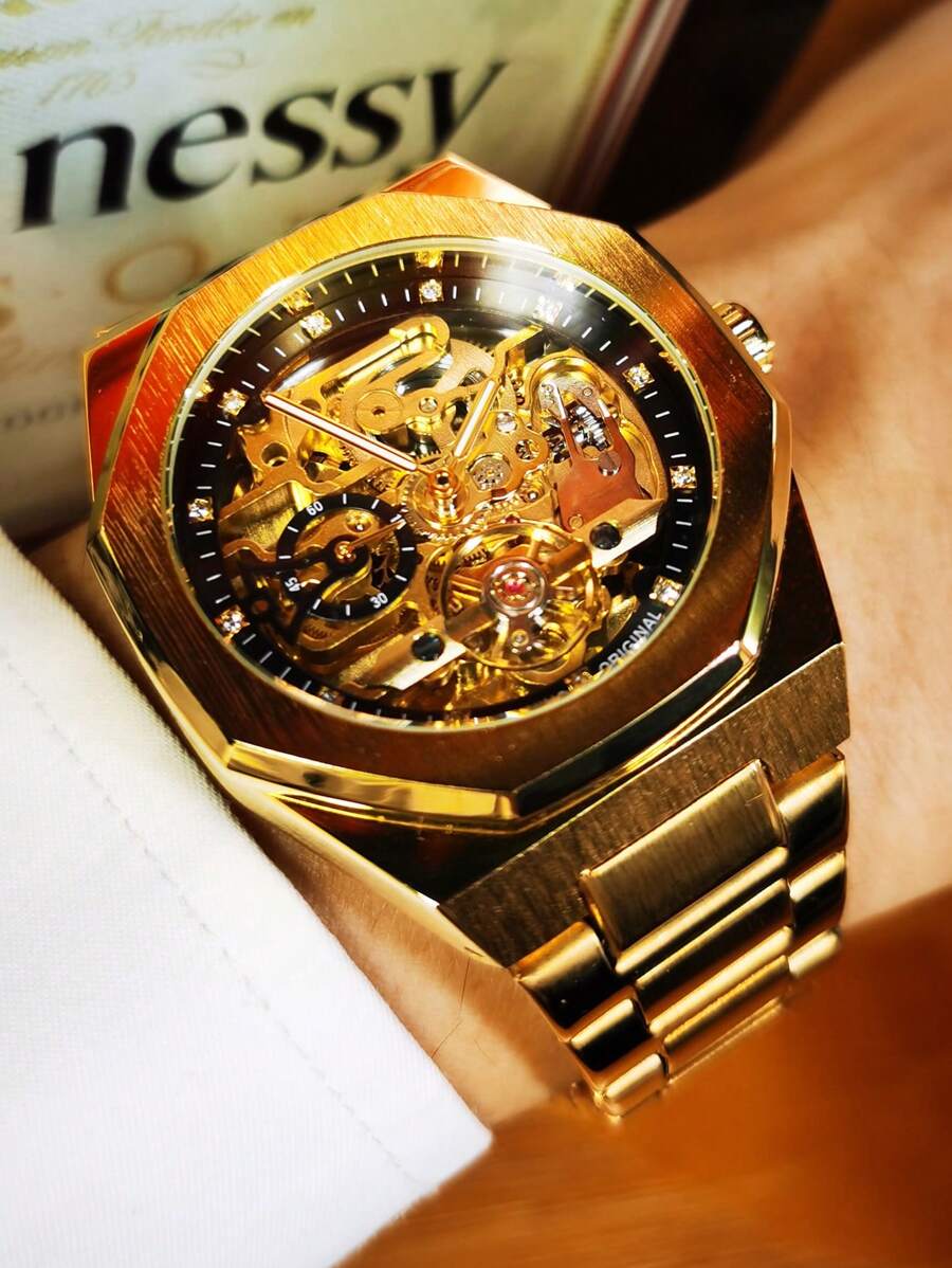 FORSINING 1 Stück Herren Mode Unregelmäßige Tourbillon Skelett Automatik Mechanische Uhren Luxus Edelstahl Armband Eingefroren Zifferblatt Leuchtende Zeiger Business Lässig Herren Uhr Geschenk