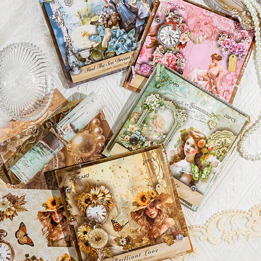 20/40/60/80 Peças Conjunto de Adesivos Florais Vintage, Folha de Adesivos em Papel Fosco Pode Ser Escrito, Adesivos Decorativos Para Scrapbooking, Série Jardim dos Sonhos, Bottom de Papel Temático Floral Vintage e Figura Para Jornalismo (Papel de Adesivo + Papel Escrevível), Material Escolar, De Volta às Aulas