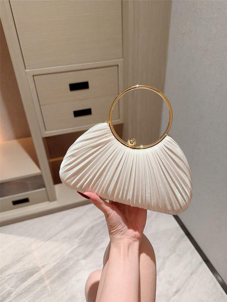 Bolsa clutch feminina elegante com design plissado em formato de caixa, luxuosa, com alça de pulseira e glitter, para festas formais, charmosa e delicada, adequada para encontros, galas, aniversários e reuniões formais.