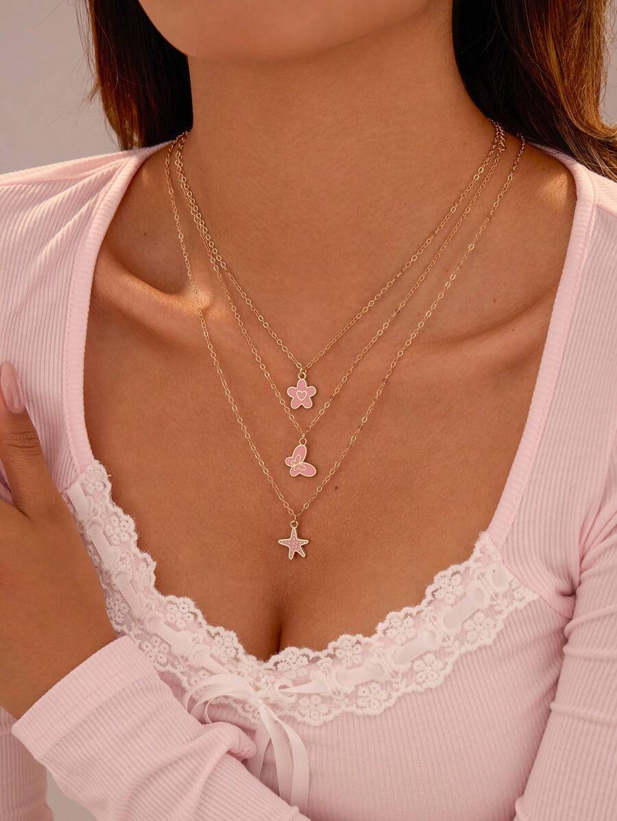 3 Stücke/Set Süßer Sommer Strand rosa Schmetterling Fünf-Blüten-Blume Seestern Anhänger, goldene Halskette Schmuckset für Frauen, Sommer Reise Strand Party Tägliches Tragen Schmuckset