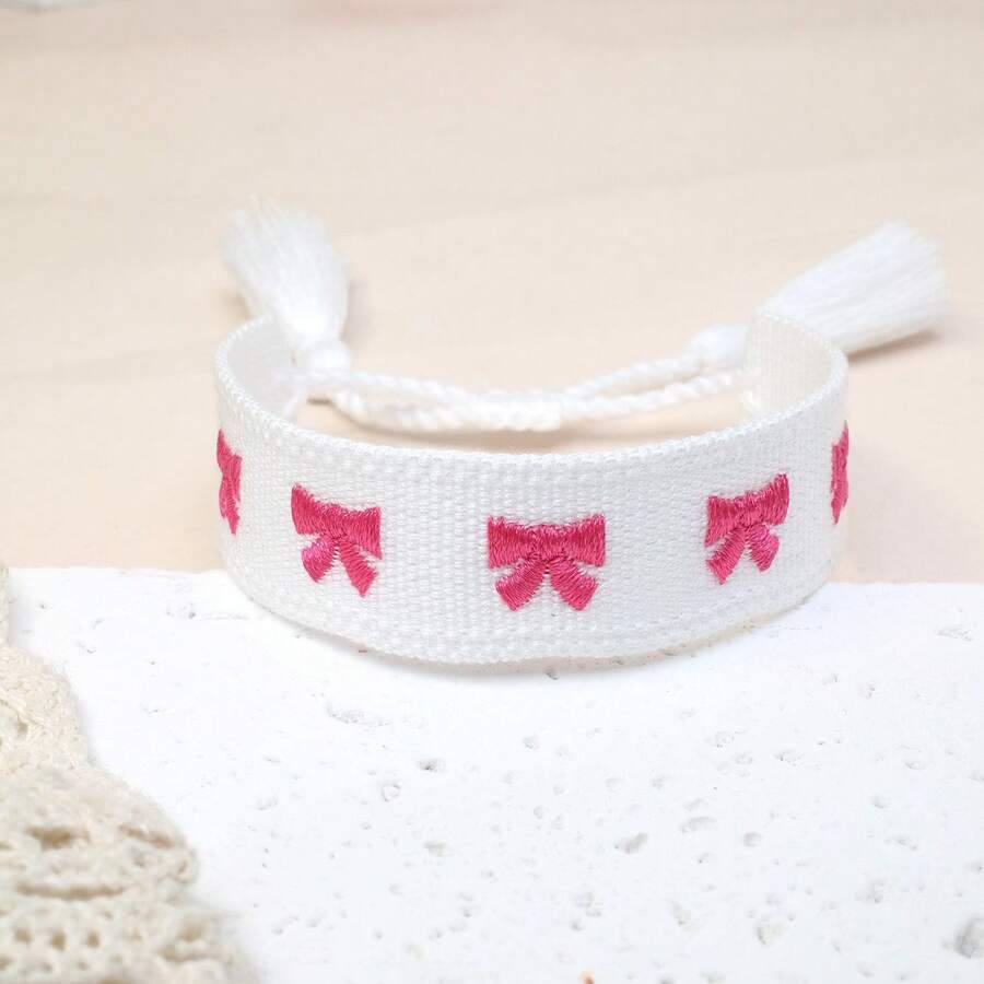 1 pieza Pulsera de la amistad bordada a mano de estilo bohemio con moño, accesorio de moda adecuado para familia, amigos, estudiantes, regalos, fiestas, viajes y uso diario