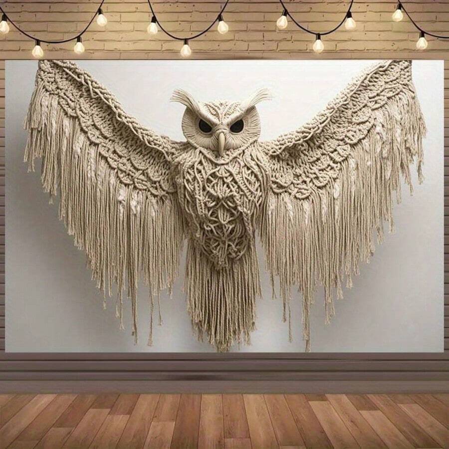 1pc Boho Macrame Owl Wall Hanging With Spread Wings - Polyester Party Background Banner, Suitable For Weddings, Birthdays And Indoor Events, Various Sizes Available, Decorative Wall Art | Elegant Design | Macrame Craft, Bohemian Home Decor
