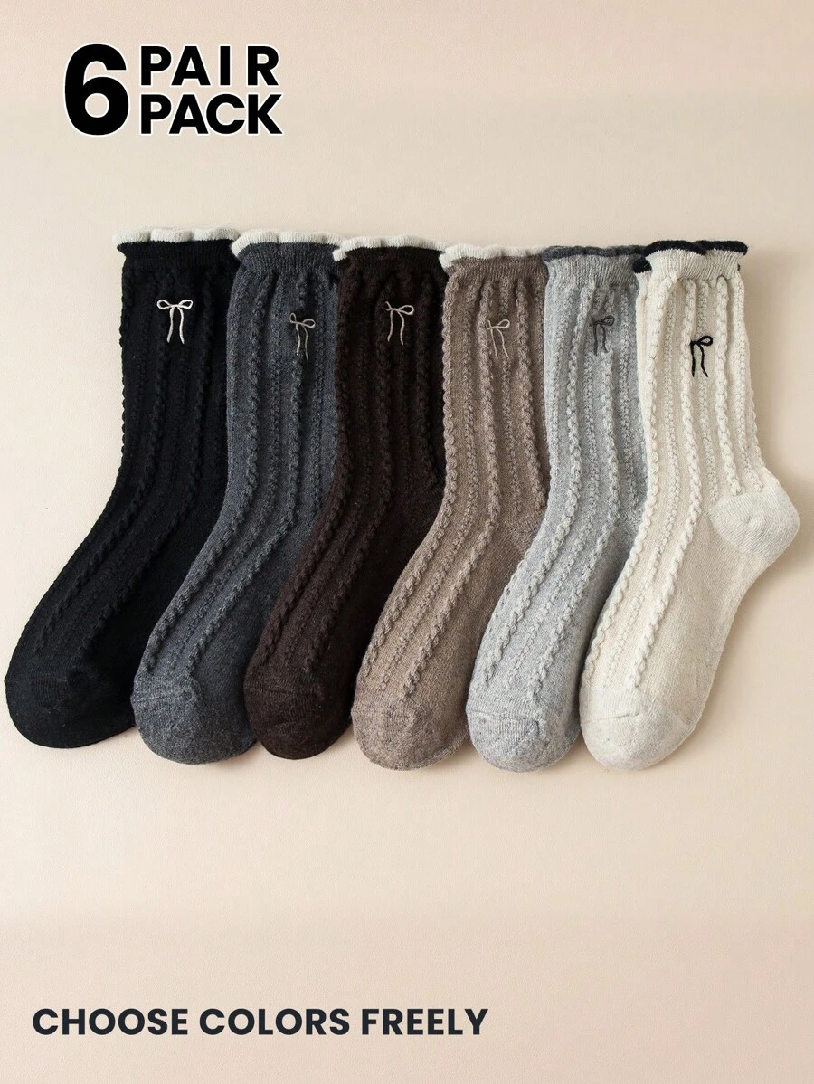 1 Pair/6 Pairs Women Calf Socks With Braided, Bow, Embroidered Patterns, Retro Fashion Versatile Wool Socks, Warm And Windproof, Suitable For Autumn/Winter Daily Wear