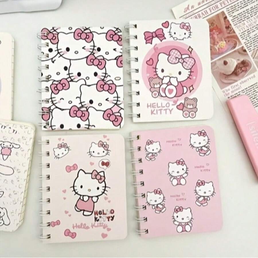 Sanrio 4pcs/1pc Sanrio Hello KT Spiral Notebook - A7 Size - Cute Thick Cartoon Theme Diary, Simple Design, Features, Simple Inner Page Style Cartoon Series Portable Notebook, Personalized Stationery, Office Supplies